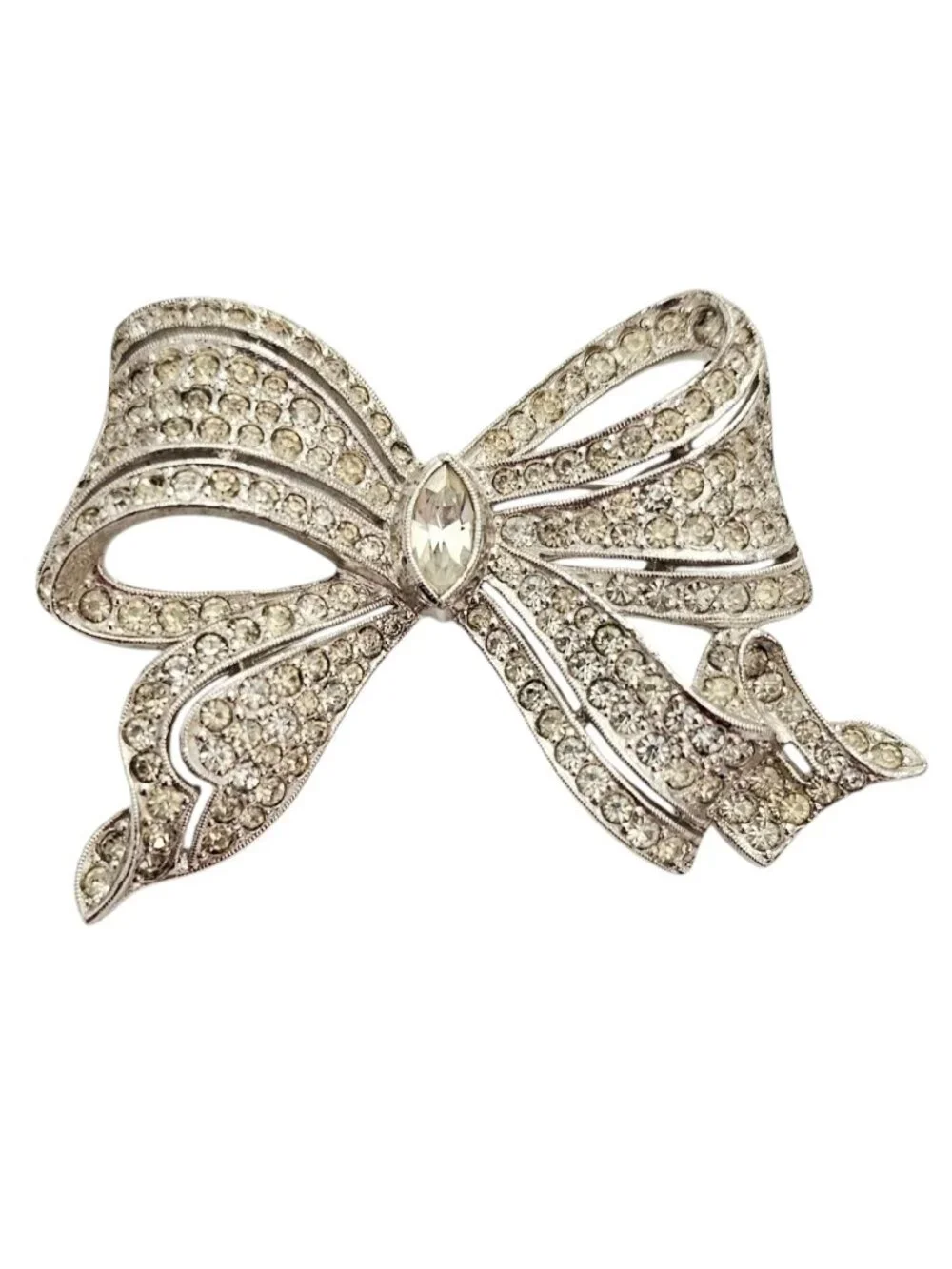Silver Tone Clear Rhinestone Bow Brooch Rhodium Plated L867